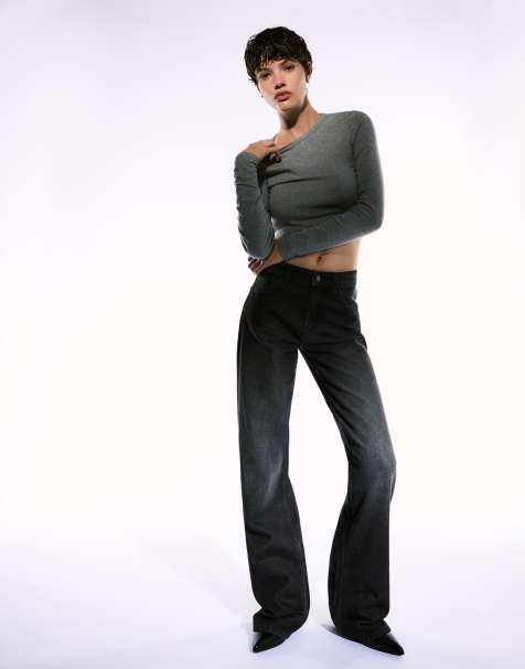 Bershka - Sorte jeans med vide ben i lige pasform - view 1