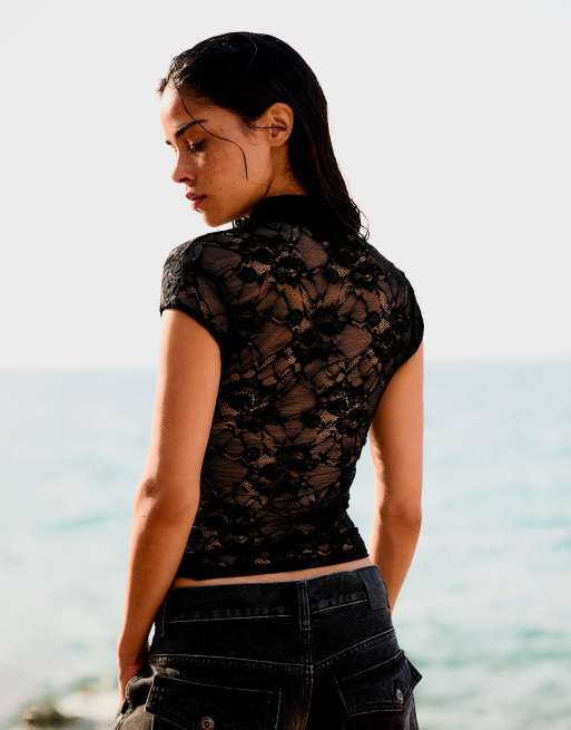 Bershka Spitzentop mit Verschluss in Schwarz, 3 von 5