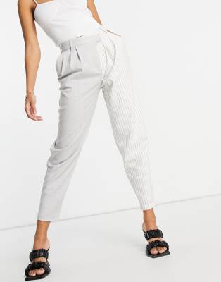 Bershka Splice Check & Stripe Stepped Waistband Pant In Gray-multi