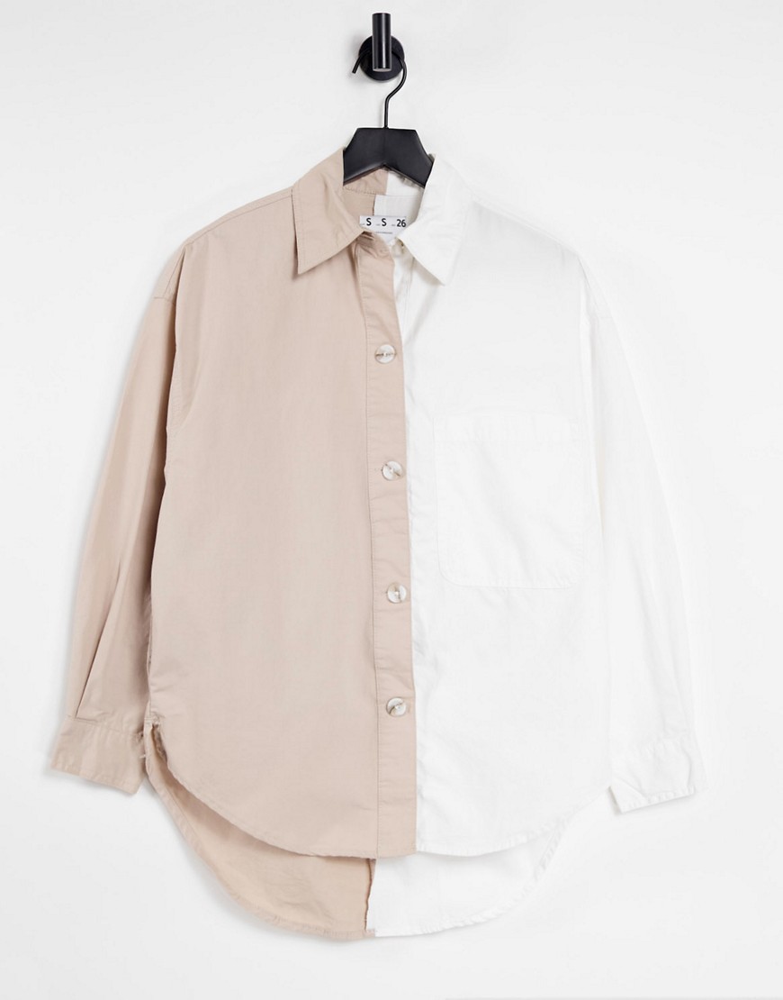 Bershka spliced fabric oversized dad shirt in beige and white-Multi