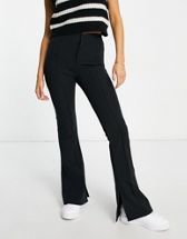 Topshop Unique Petite Ribbed Flare Trousers in Black