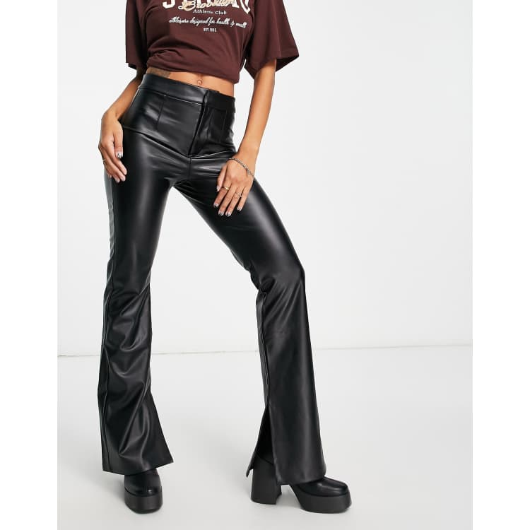 High Waisted Split Hem Faux Leather Wide Leg Pants