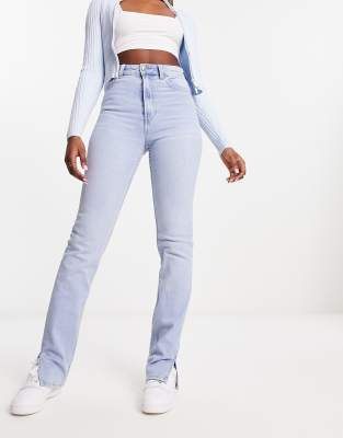 Bershka Split Hem Straight Jean In Blue-blues