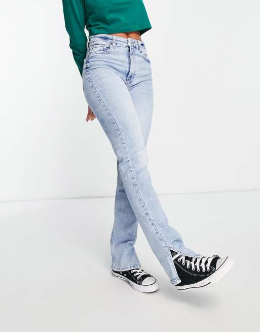 Bershka split hem straight jeans in blue