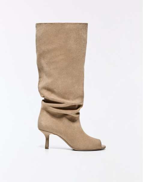 Bershka Split kitten heel boots in beige - view 1
