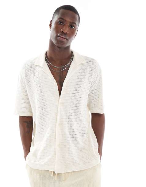 Bershka sqaure knitted textured  shirt in ecru - view 1