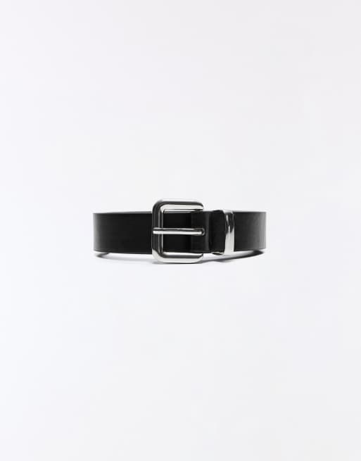Bershka Square buckle belt in black, 4 of 5