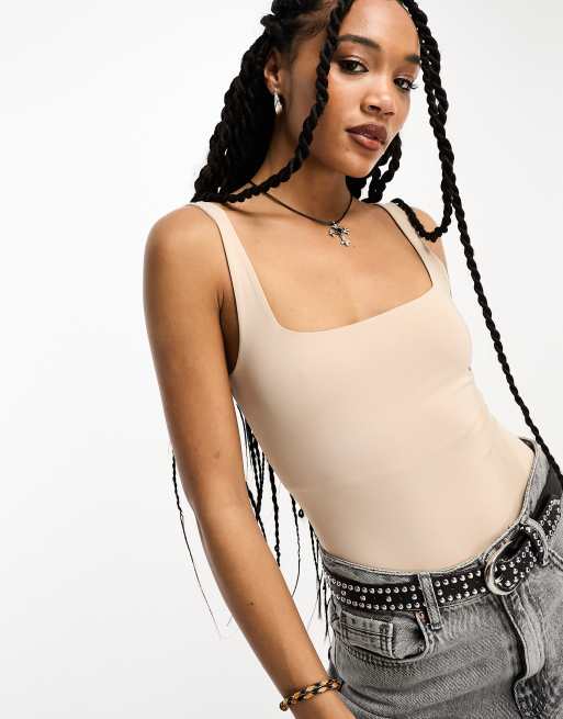 Bershka square neck bodysuit in sand | ASOS