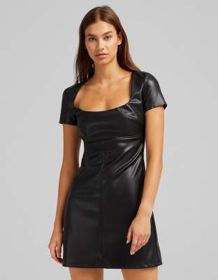 Bershka Square Neck Faux Leather Mini Dress In Black | ModeSens