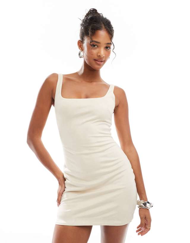 suede beige dress Bershka square neck faux mini in Outfit