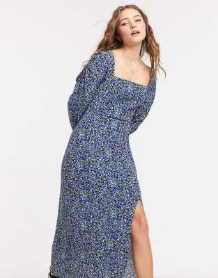 Bershka square neck floral midi dress in blue - ASOS Price Checker