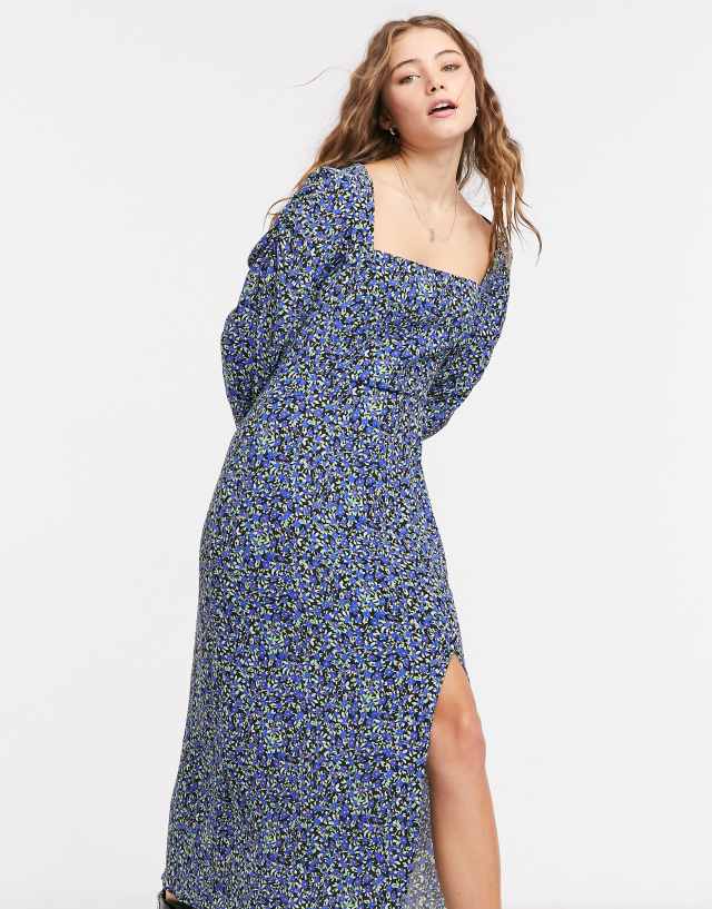 Bershka square neck floral midi dress in blue