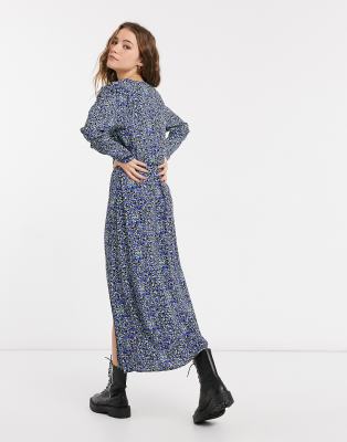 bershka blue floral dress Bershka maxi milkmaid dress in blue floral print
