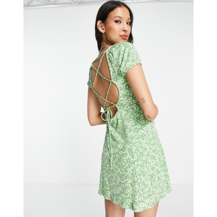 Bershka square neck mini dress in green floral print | ASOS