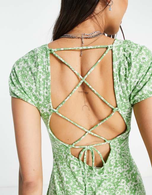 Bershka square neck mini dress in green floral print | ASOS