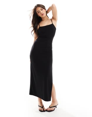 square neck ruched sides maxi dress in black