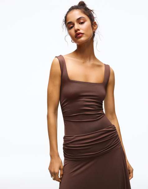 Bershka Square neckline strappy body in brown - view 1
