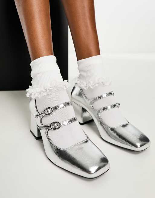 Bershka – Srebrne buty typu Mary Jane na obcasie, 4 z 4