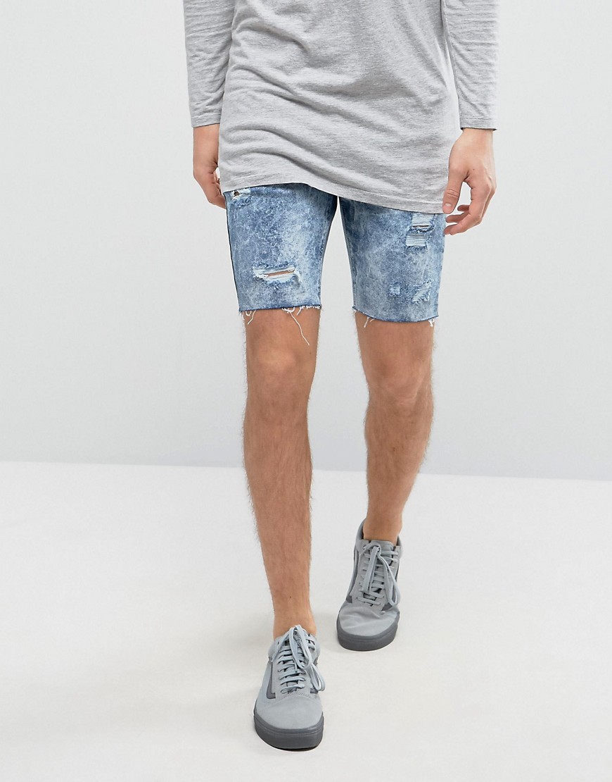 Bershka – Stentvättade jeansshorts med slitningar och smal passform-Svart