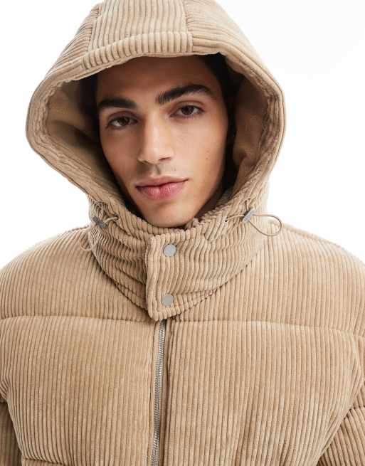 Bershka – Steppjacke aus Cord in Camel mit Kordelzug an der Kapuze, 3 von 4