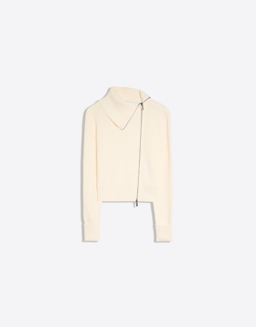 Bershka stickad jacka med asymmetrisk dragkedja i ecru, 5 av 5