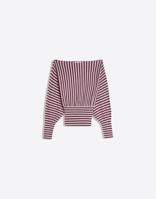 Bershka stickad tröja med asymmetrisk randig halsringning i burgundy, 5 av 5