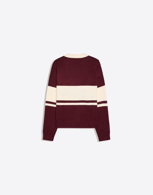 Bershka stickad tröja med broderad pikékrage i burgundy, 6 av 6