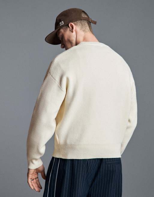 Bershka stickad tröja med broderi och rund halsringning i vitt, 4 av 6