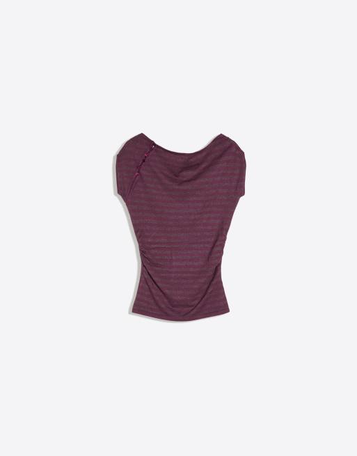 Bershka stickad tröja med korta ärmar och knäppning i burgundy, 5 av 5