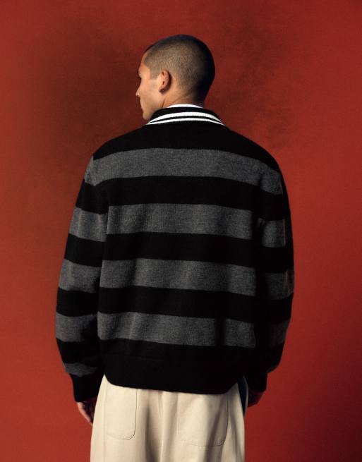 Bershka stickad tröja med patchad pikékrage i grått och svart, 3 av 5