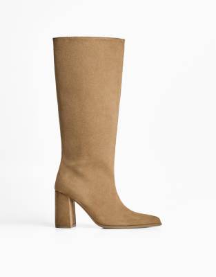 Bershka - Stiefel in Sandbeige mit Blockabsatz-Braun