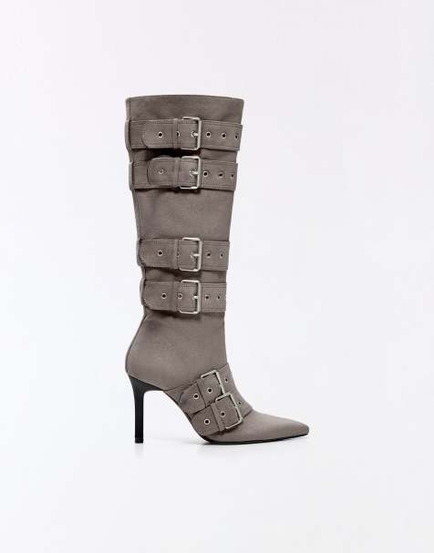 Bershka Stiefel mit mehreren Schnallen und Absatz in Grau - view 1