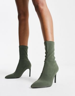 Bershka stiletto heel sock boot in khaki-Green