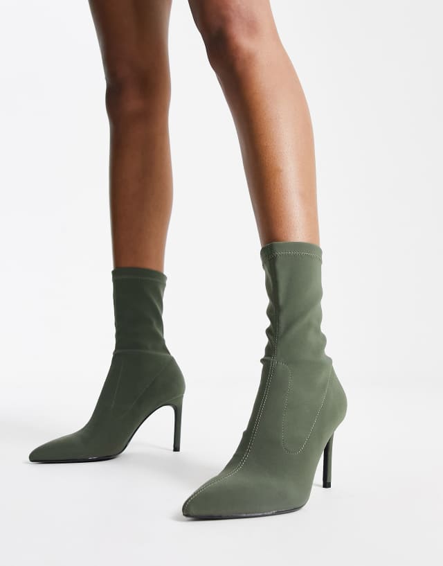 Bershka stiletto heel sock boot in khaki