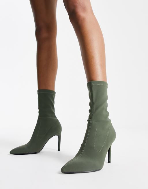 Bershka stiletto heel sock boots in khaki
