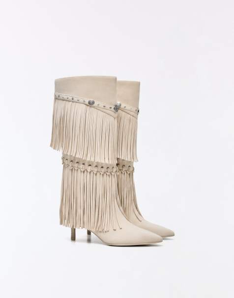 Bershka - Stivaletti beige con tacco e frange - view 1