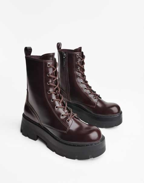 Bershka - Stivaletti stringati bordeaux con suola a carrarmato - view 1