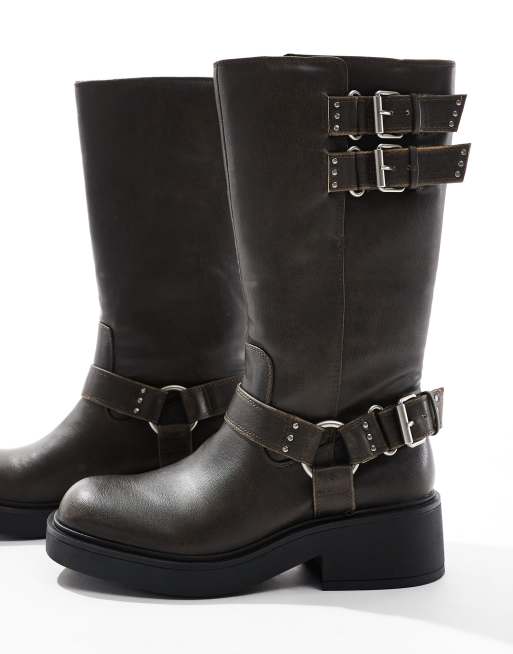 Bershka - Stivali al polpaccio marroni con fibbie, 4 di 4