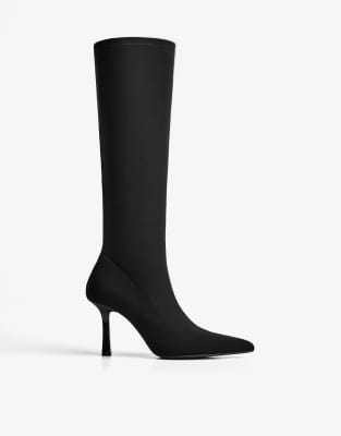 Bershka - Stoffstiefel in Schwarz mit hohem Absatz