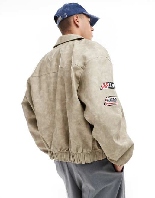 Bershka stone washed faux leather jacket in stone, 2 of 4