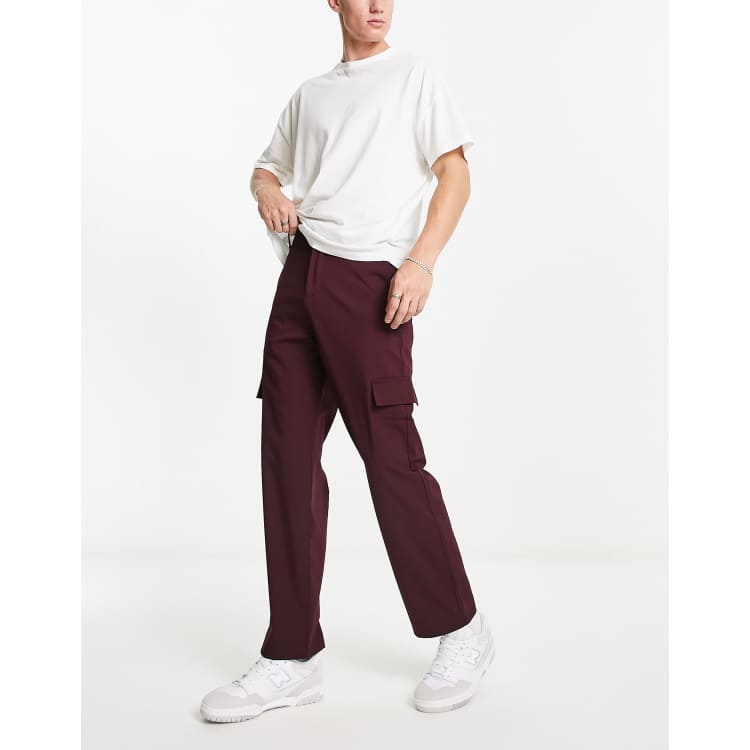 Bershka straight cargo pants in burgundy