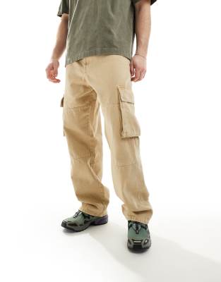 Bershka straight cargo trouser in stone-Neutral