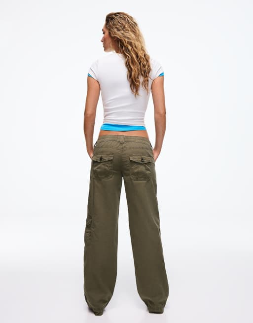 Bershka Straight cargo trousers in khaki, 3 of 5