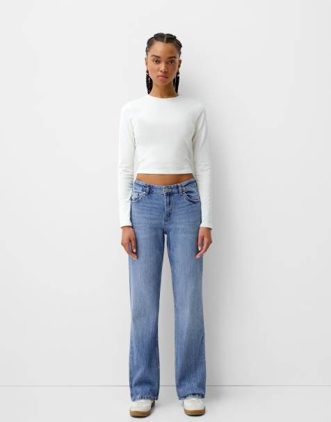 Bershka straight fit jeans in mid blue