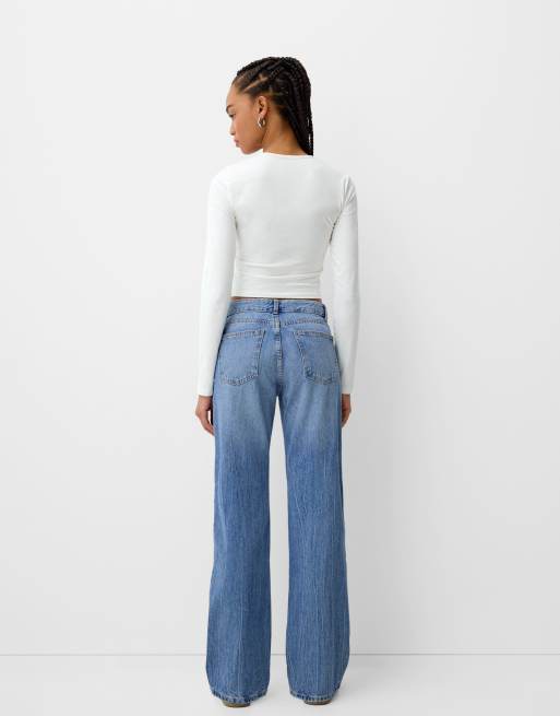 Bershka straight fit jeans in mid blue, 3 of 4
