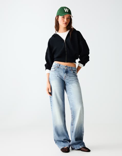 Bershka straight jeans met halfhoge taille in middenblauw - view 1