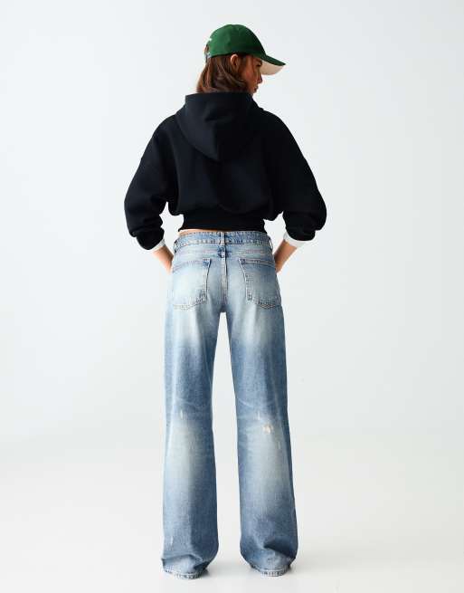 Bershka Straight Jeans mit mittlerer Bundhöhe in Mittelblau, 3 von 5