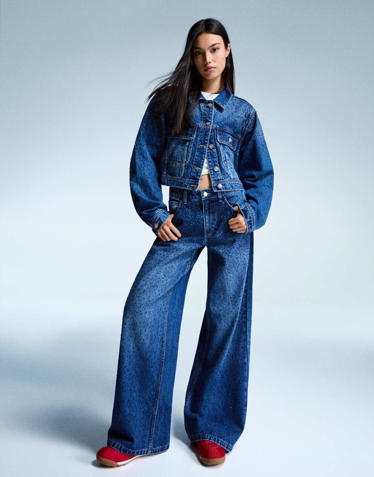 Bershka Straight jeans with rhinestone details in denim blue