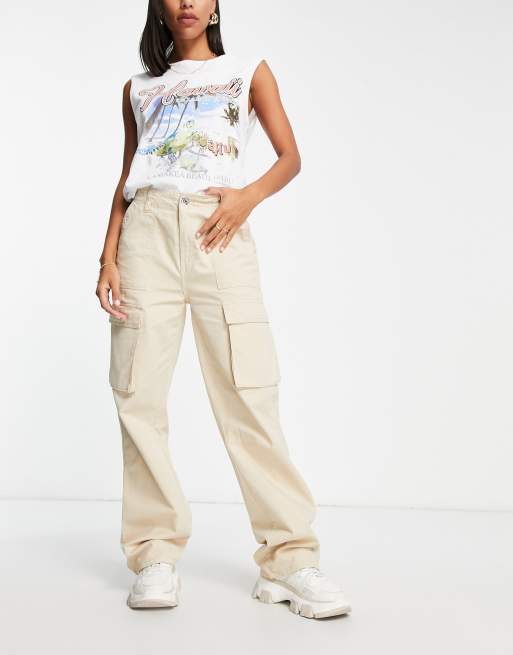 Bershka cotton wide leg cargo pants in beige - TAN, ASOS