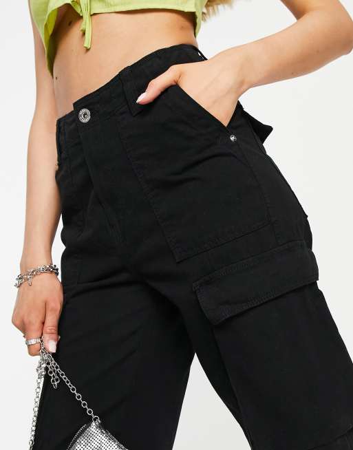 Bershka straight leg cargo pants in black